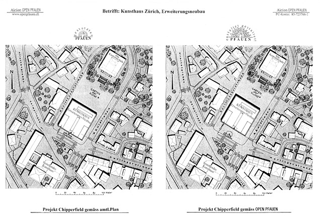 Plans from protest group Open Peacock showing the position of the Kunsthaus as Chipperfield proposes it (left) and (right) moved back 10m into the art garden.