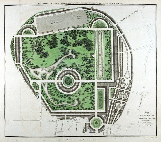 Nash’s plan for the Park Square and Crescent site, including a circle with a church at the centre