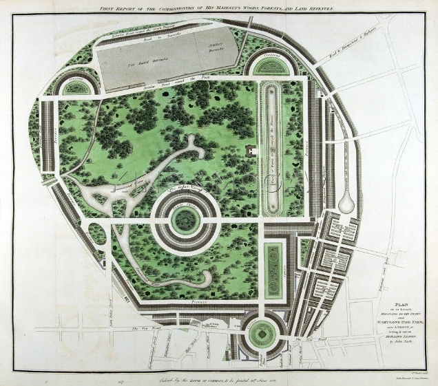 Nashâ€™s plan for the Park Square and Crescent site, including a circle with a church at the centre