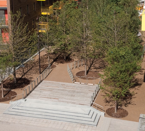 The steps to the arboretum mimic those of the town hall.