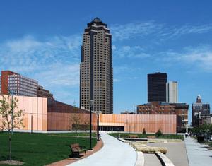 View towards downtown with the new Central Library positioned at the end of the park.
