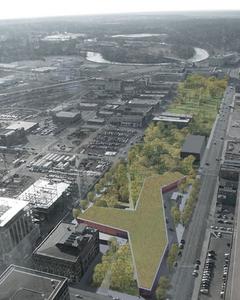Aerial visualisation of the building in the setting that Chipperfield originally proposed for it.  The completed park is much less densely planted.