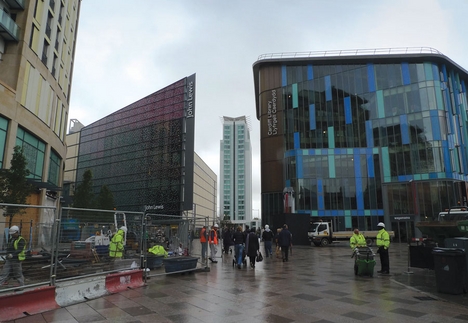 Benoy’s John Lewis squares up to BDP’s Cardiff Central Library at the St David’s 2 development.