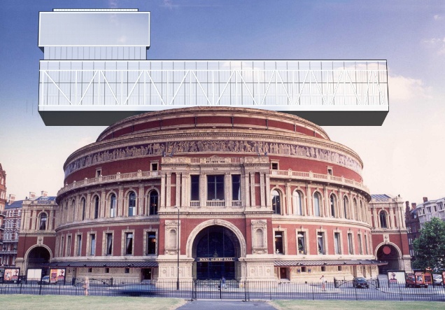 Royal Albert Hall with Feilden Clegg Bradley's Southbank Centre liner building. CGI by Orlando Hill for Twentieth Century Society