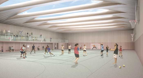 In the main sports hall on the building&rsquo;s upper floor, sculpted north-facing roof openings provide natural light.