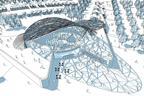 The canopy is formed from a lattice of thin steel plates that lands at two points and tilts back creating the entrance to the metro.