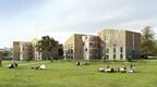 Each pair of student accommodation buildings is linked by a staircase and walkway structure that creates a courtyard area.