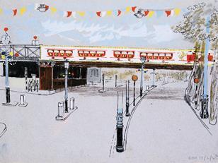 Design for a 'Long Live the Queen' decoration banner for the Coronation of Queen Elizabeth II, in the shape of a train for the side of Hungerford Bridge, London