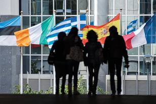 Flags of European countries  outside the European Parliament building in Brussels.