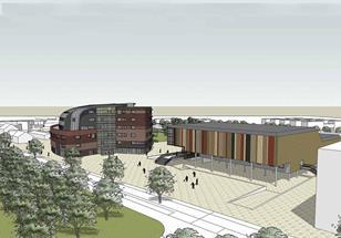 Perspective showing BDP's Winterswijk teaching block on the left and sports hall on the right.
