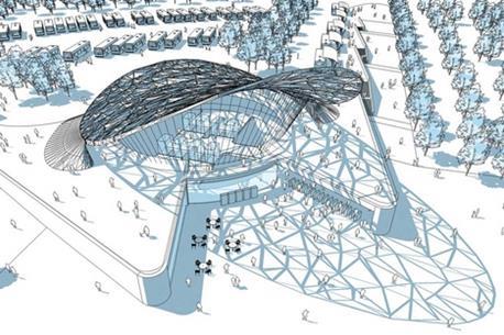 The canopy is formed from a lattice of thin steel plates that lands at two points and tilts back creating the entrance to the metro.