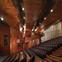 The main auditorium is conceived as a faceted timber grotto, spanned by three lighting arches.